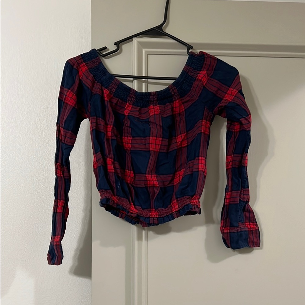 Garage Red and Blue Fitted Off the Shoulder Crop Blouse